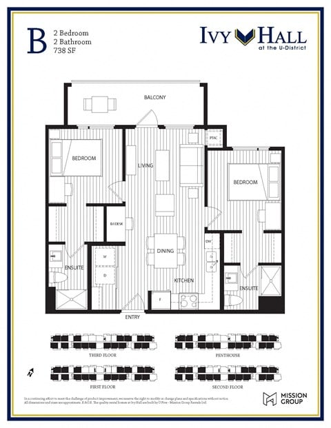 Floor plan for 2 beds, 2 baths, 698 sqft